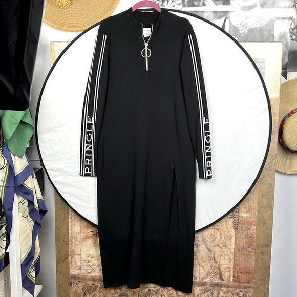Pringle of Scotland ribbed Knit Dress/Sweater black white logo long sleeve midi - Picture 3 of 11